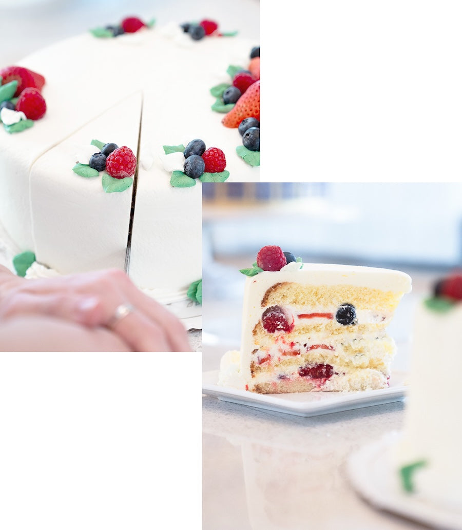 Two custom decorated layer cakes available for local bakery pre-order from Lilac Pâtisserie in Santa Barbara.