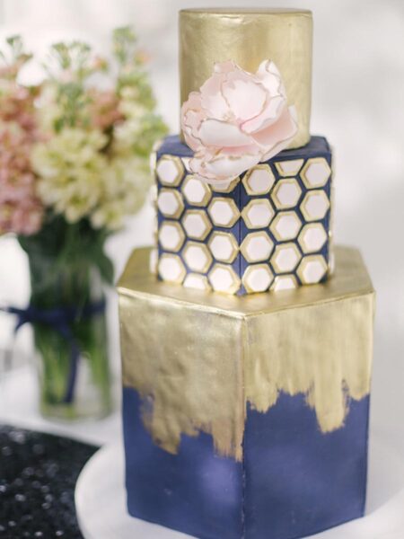 Contemproray Hexagon Navy And Gold Wedding Cake Sm