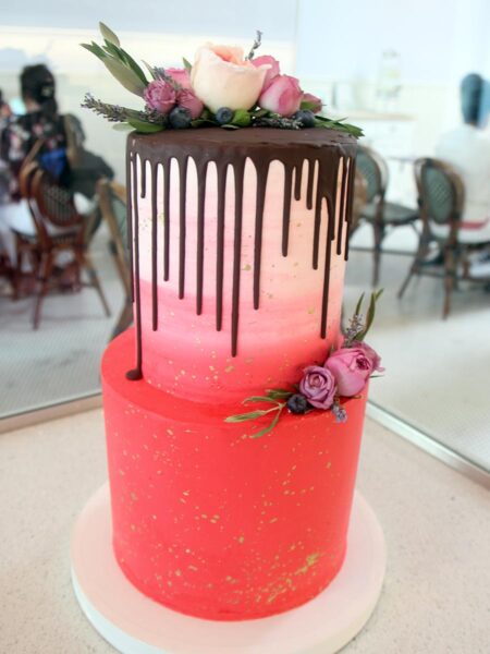 Ombre Pink Wedding Cake With Gold Splatter And Chocolate Drip