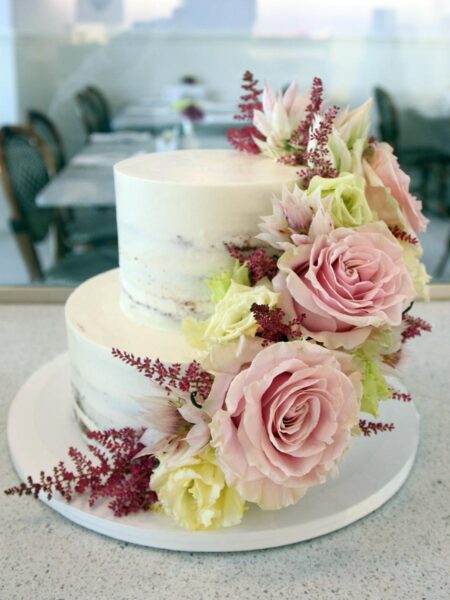 Pink Cascading Naked Floral Wedding Cake
